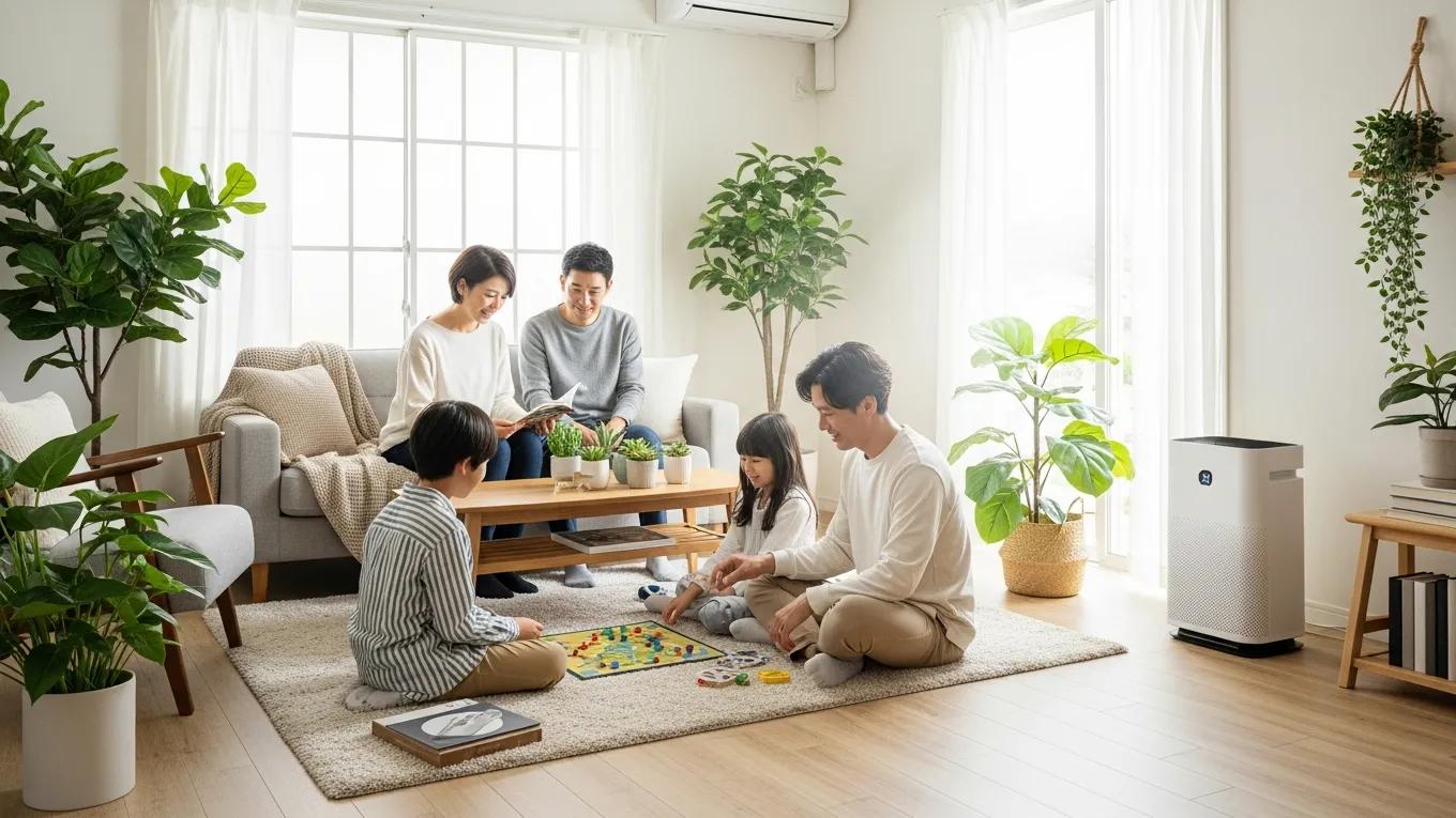 Family enjoying a healthy indoor environment with an air purifier in a bright living room