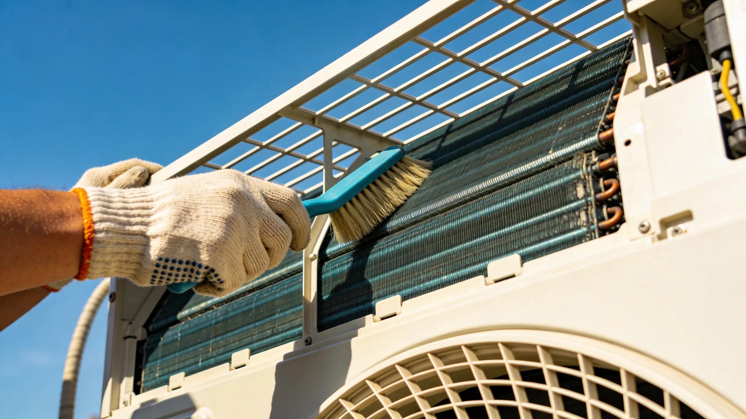 Person cleaning air conditioning coils to improve cooling efficiency