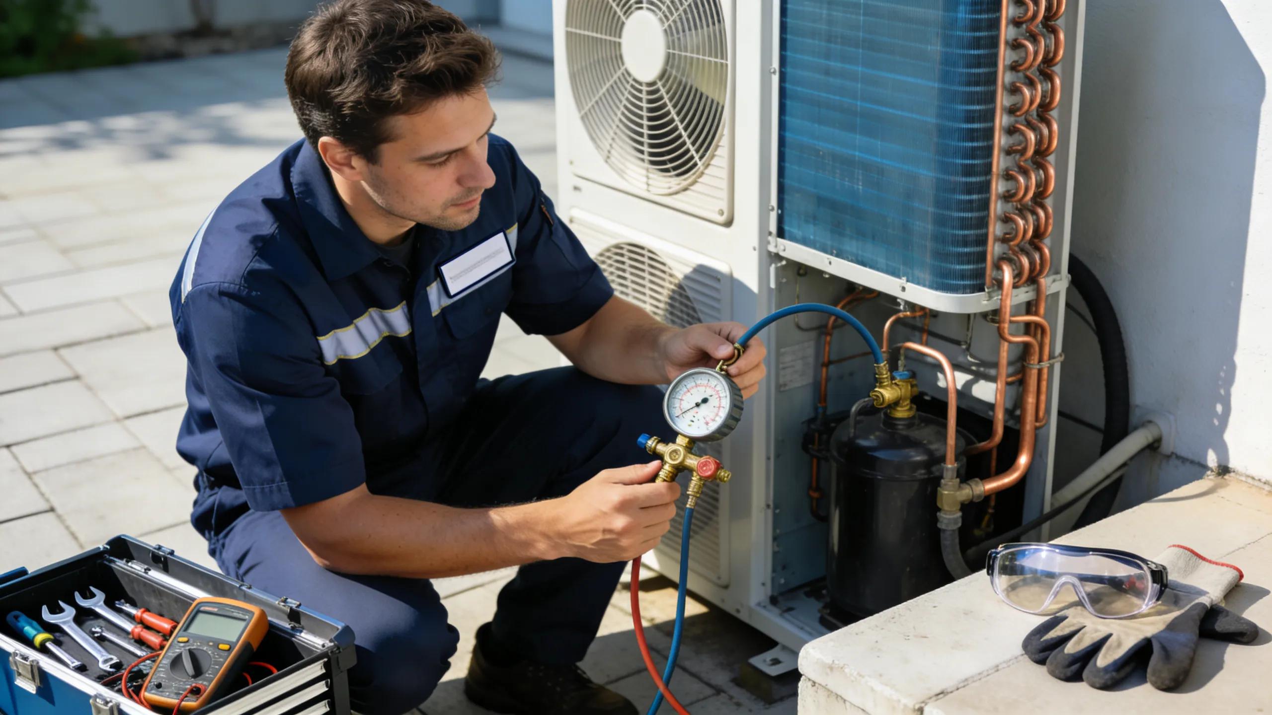 Technician checking refrigerant levels in an air conditioning unit outdoors