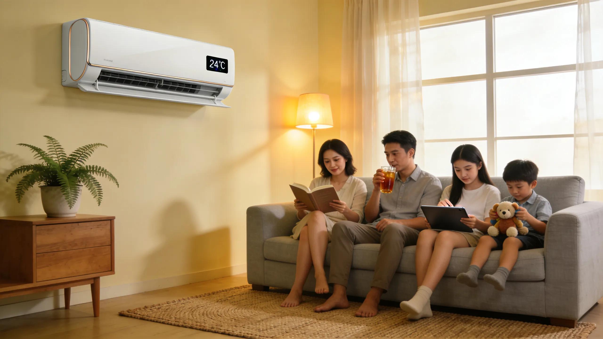 Cozy living room with air conditioning unit showcasing comfort during summer months