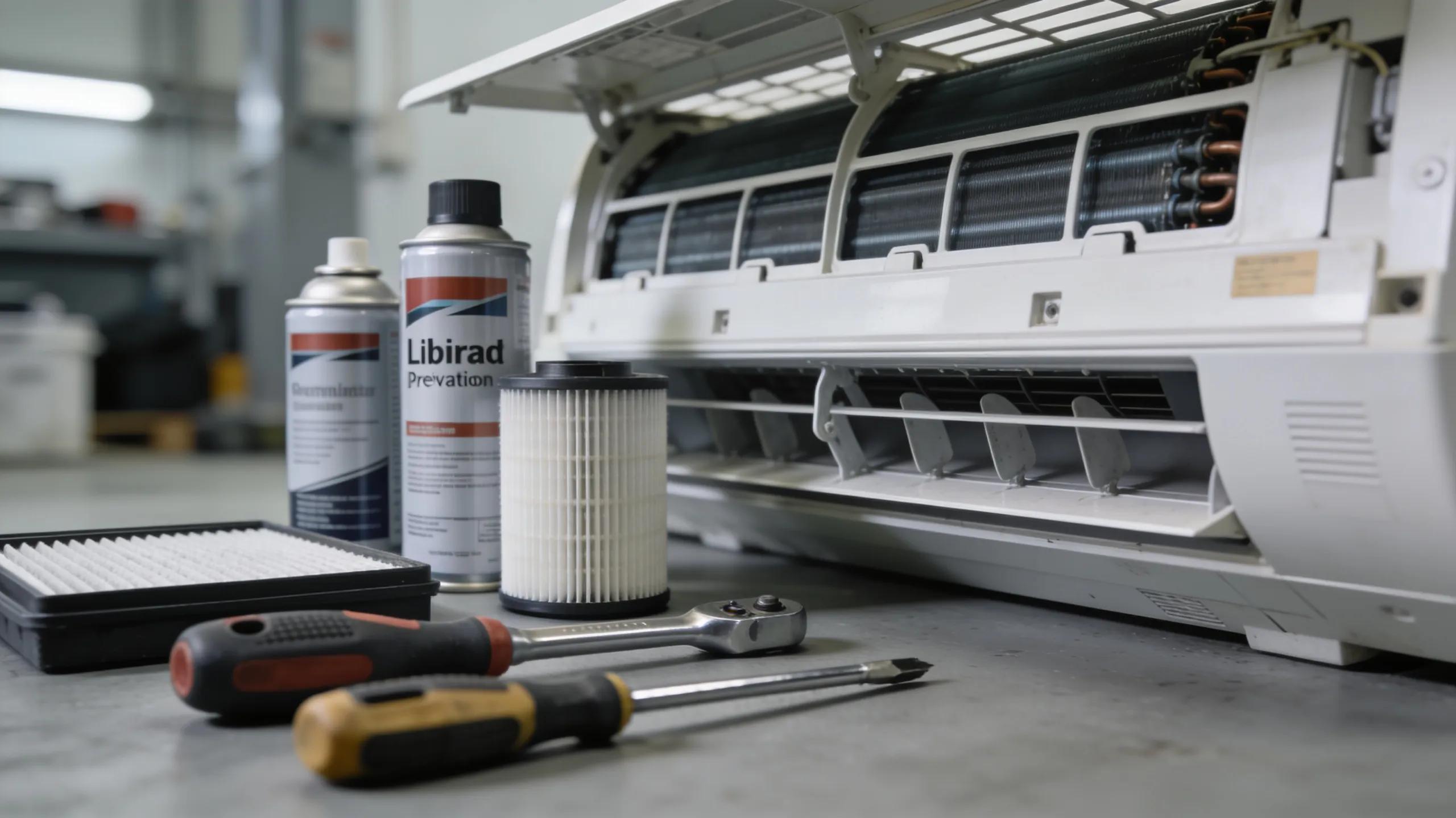 HVAC maintenance tools adjacent to an opened unit, highlighting the significance of routine care for noise reduction